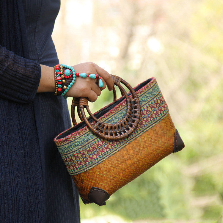 Handwoven Cotton and Linen Tote Bag with Bamboo Design