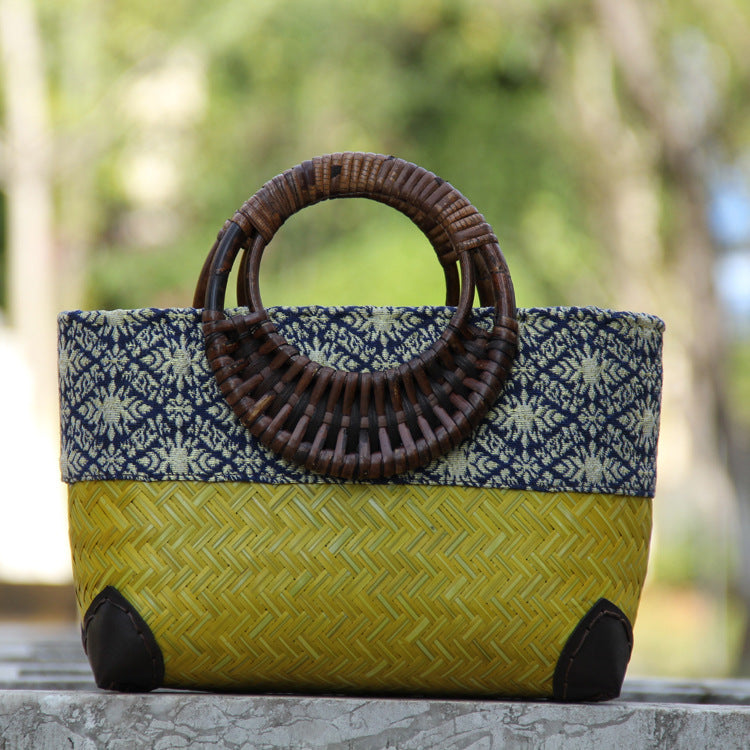 Handwoven Cotton and Linen Tote Bag with Bamboo Design