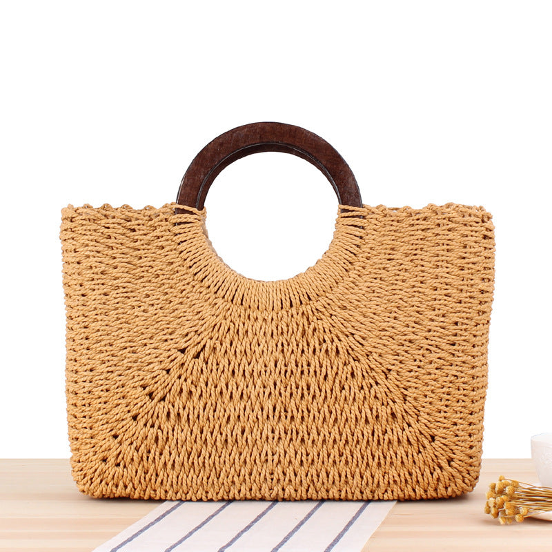 Handwoven Straw Bag with Wooden Handle for Women