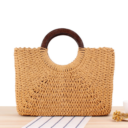 Handwoven Straw Bag with Wooden Handle for Women