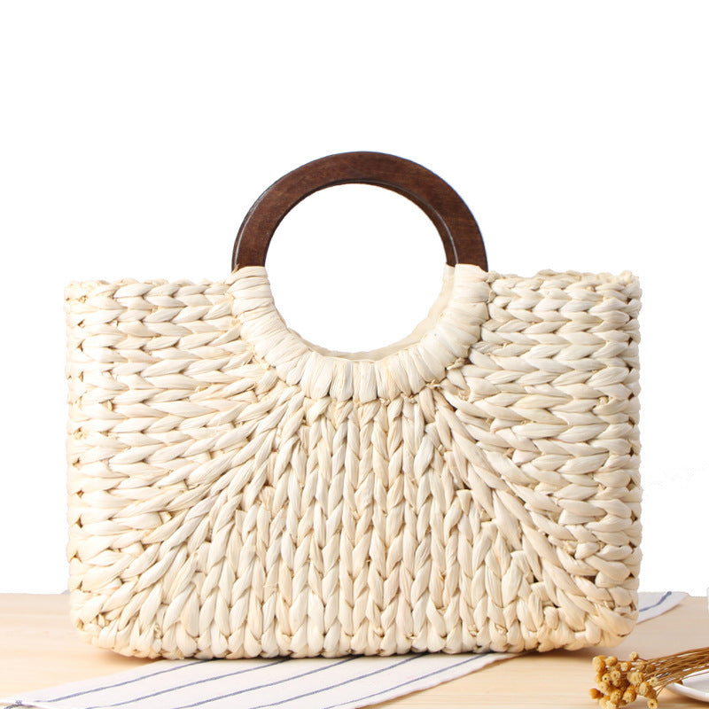 Wooden Handle Corn Husk Woven Beach Bag for Women