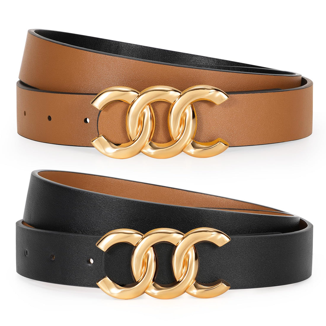KASBAH Womens Reversible Leather Belt With Gold Buckle Two-in-One Ladies Waist Work Belt for Jeans Pants Dresses