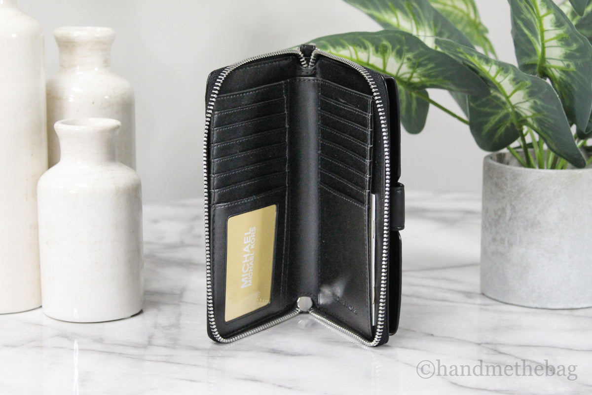 Michael Kors Jet Set Medium Black Signature Zip Around Phone Holder Wrist Wallet