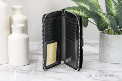 Michael Kors Jet Set Medium Black Signature Zip Around Phone Holder Wrist Wallet