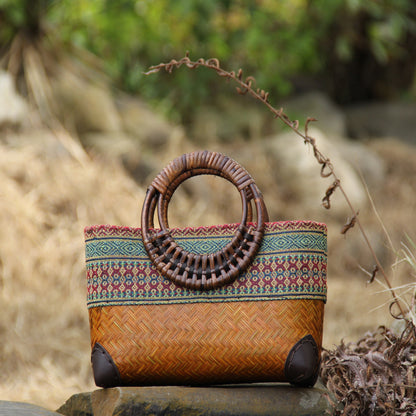 Handwoven Cotton and Linen Tote Bag with Bamboo Design
