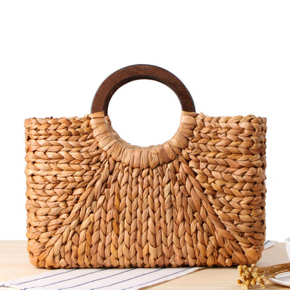 Wooden Handle Corn Husk Woven Beach Bag for Women