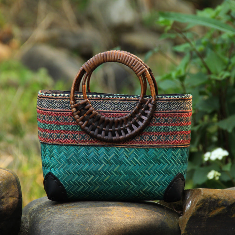 Handwoven Cotton and Linen Tote Bag with Bamboo Design