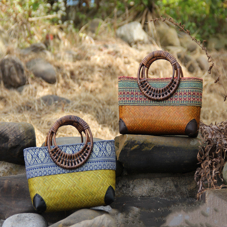 Handwoven Cotton and Linen Tote Bag with Bamboo Design