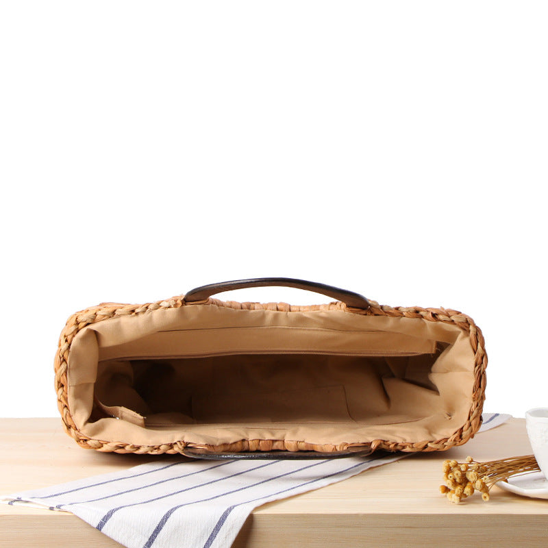 Handwoven Straw Bag with Wooden Handle for Women