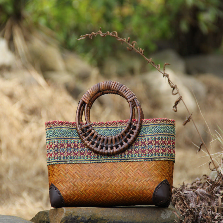Handwoven Cotton and Linen Tote Bag with Bamboo Design
