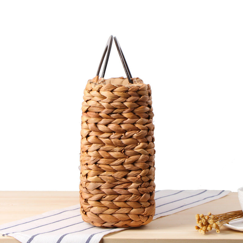 Handwoven Straw Bag with Wooden Handle for Women