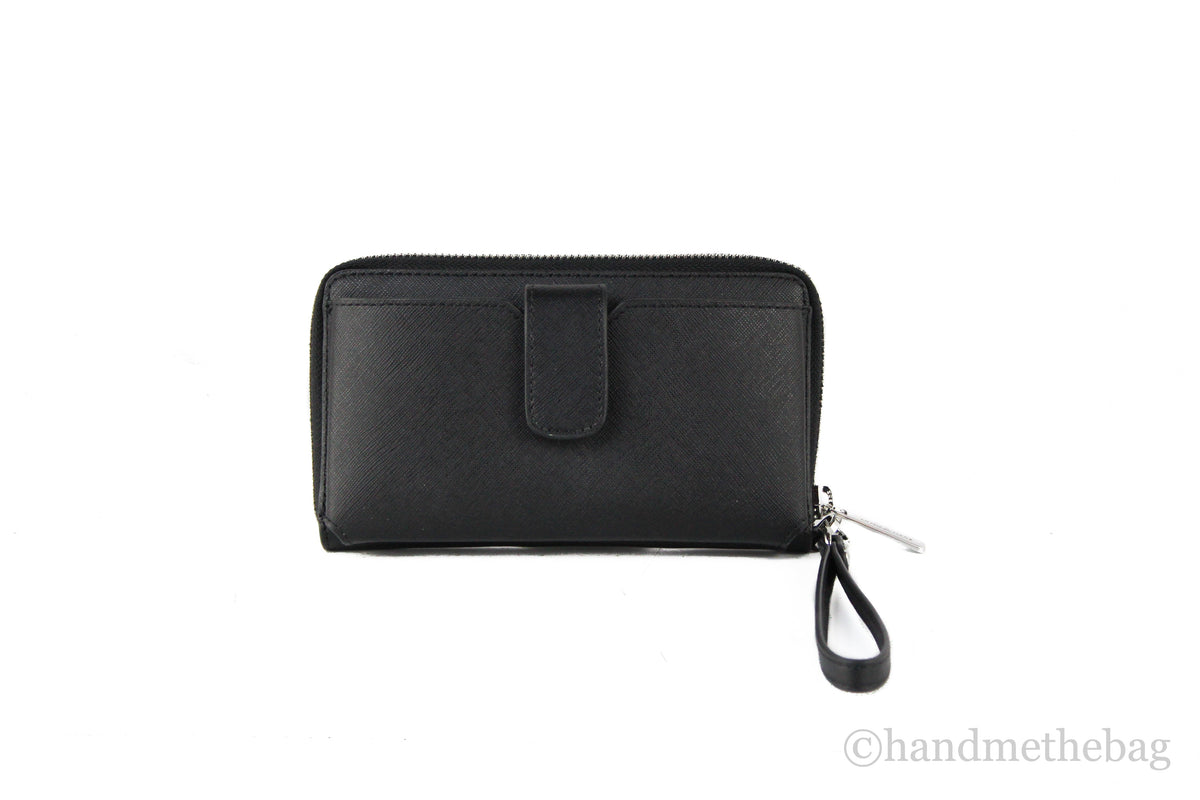 Michael Kors Jet Set Medium Black Solid Silver Zip Around Phone Holder Wrist Wallet