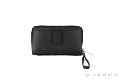 Michael Kors Jet Set Medium Black Solid Silver Zip Around Phone Holder Wrist Wallet