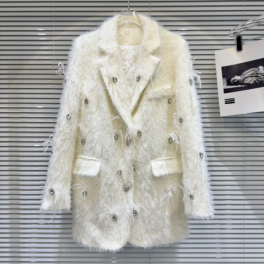 Rhinestone Beaded Mink Fur Quilted Winter Classic Long Coat