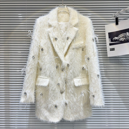 Rhinestone Beaded Mink Fur Quilted Winter Classic Long Coat