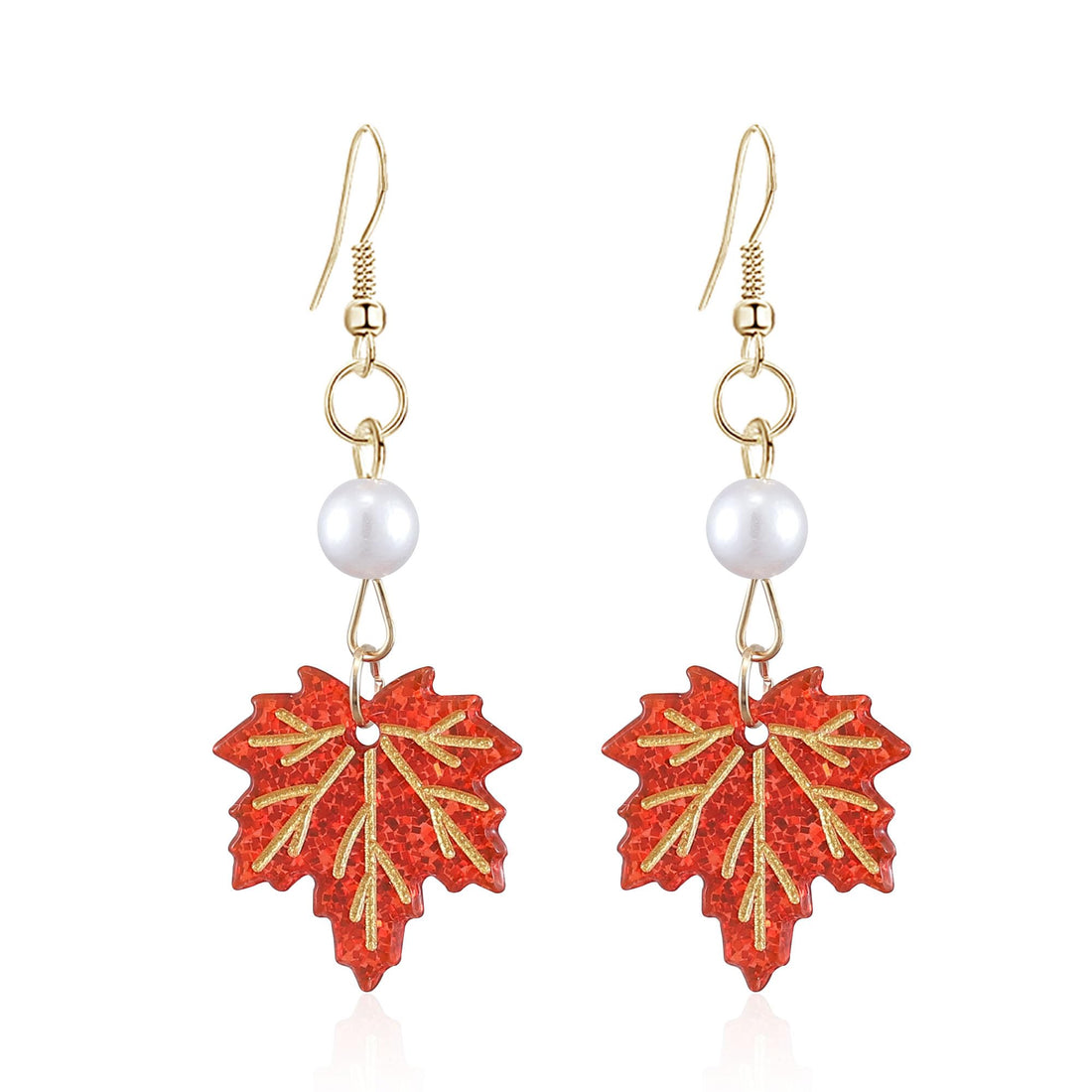 Chanaiqw Unique Dainty Sparkly Crystal Orange Red Maple Leaf Dangle Drop Stud Earrings Cute Elegant Glitter Rhinestone Leaf Stud Earrings for Women (Long Maple leaves earring pearl)