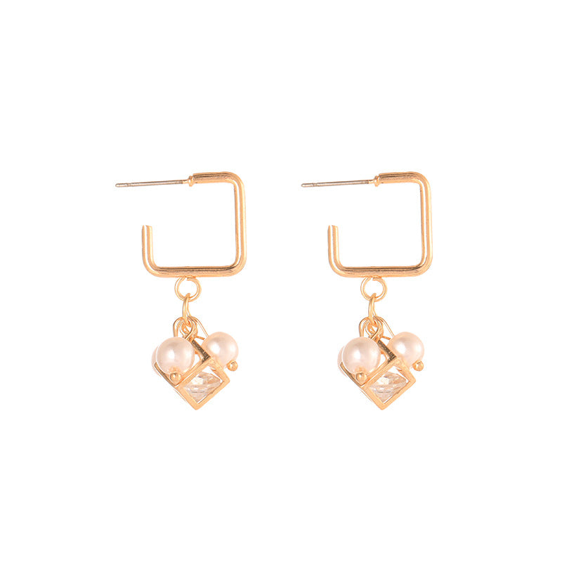 Pearl Cube Crystal Zircon Stud Earrings