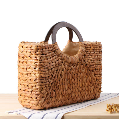 Handwoven Straw Bag with Wooden Handle for Women