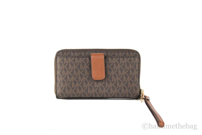 Michael Kors Jet Set Medium Brown Gold Zip Around Phone Holder Wristlet Wallet