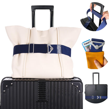 SOWPOPY Travel Belt for Luggage Add a Bag Luggage Straps Suitcase Travel Belt Over Handle for Carry On Bag Adjustable 2-in-1 Elastic Luggage Belt Bag Bungee Travel Essential Accessories(DK-Blue)