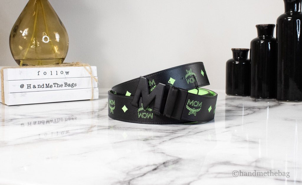 MCM Smooth Visetos Logo Summer Green Leather Adjustable Reversible M Buckle Belt