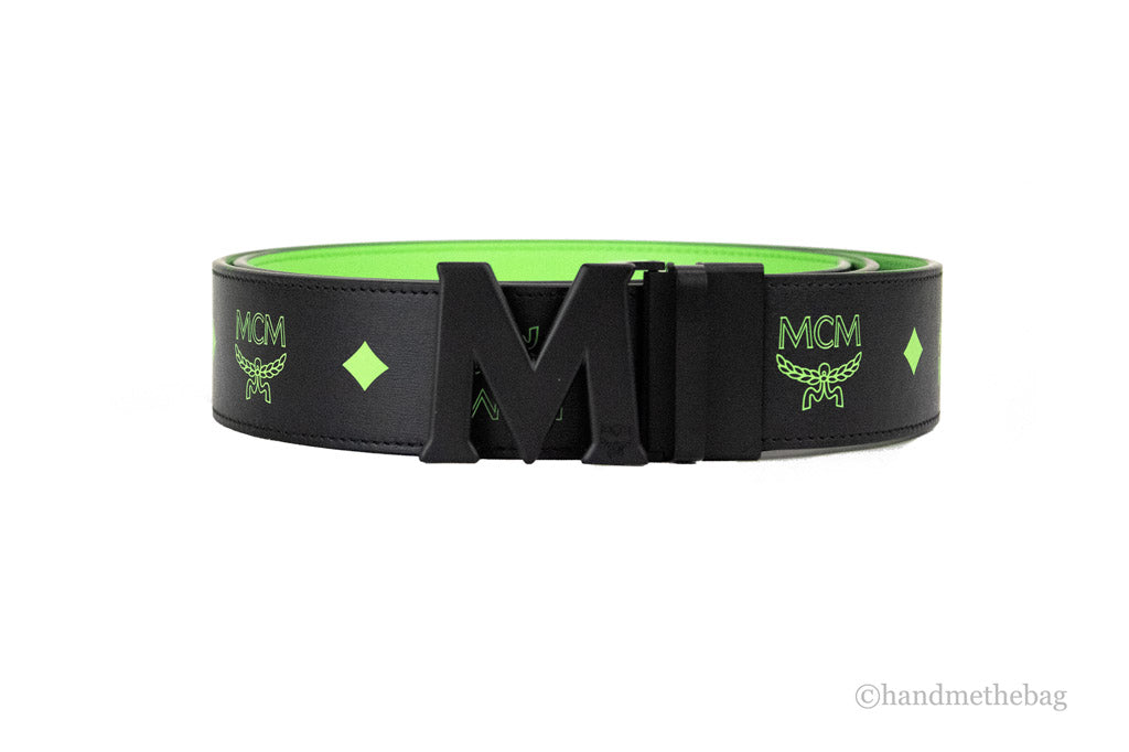 MCM Smooth Visetos Logo Summer Green Leather Adjustable Reversible M Buckle Belt
