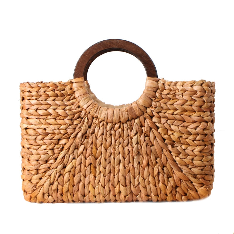 Handwoven Straw Bag with Wooden Handle for Women
