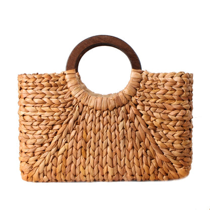 Handwoven Straw Bag with Wooden Handle for Women