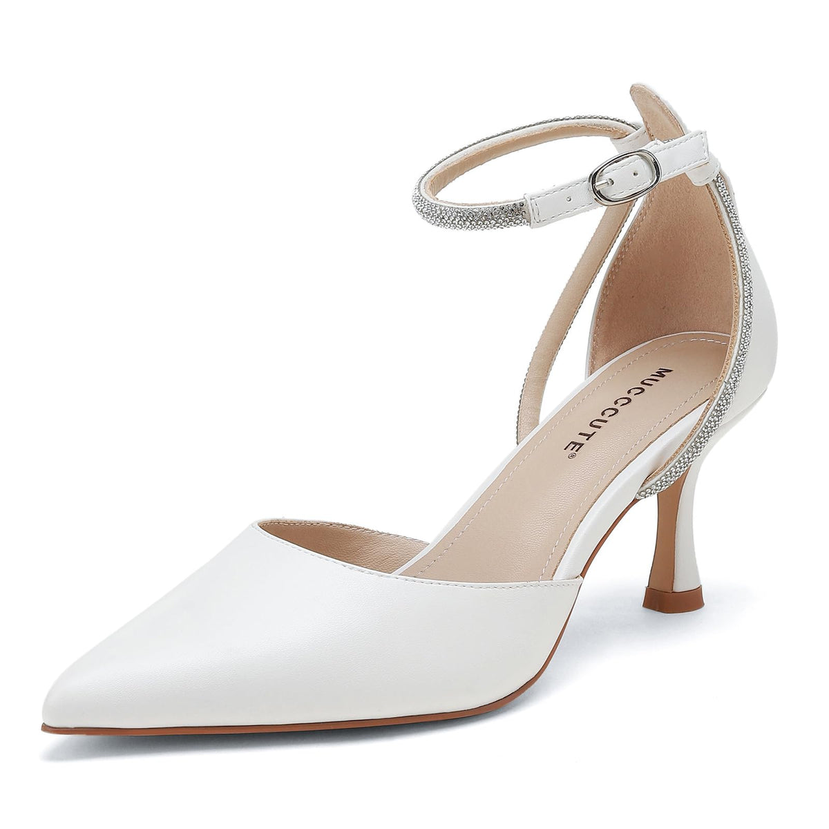 MUCCCUTE White Heels Closed Toe Heels for Women Kitten Heels Pointed Toe Elegant Comfortable Dressy Wedding Party Work Pumps Size 7